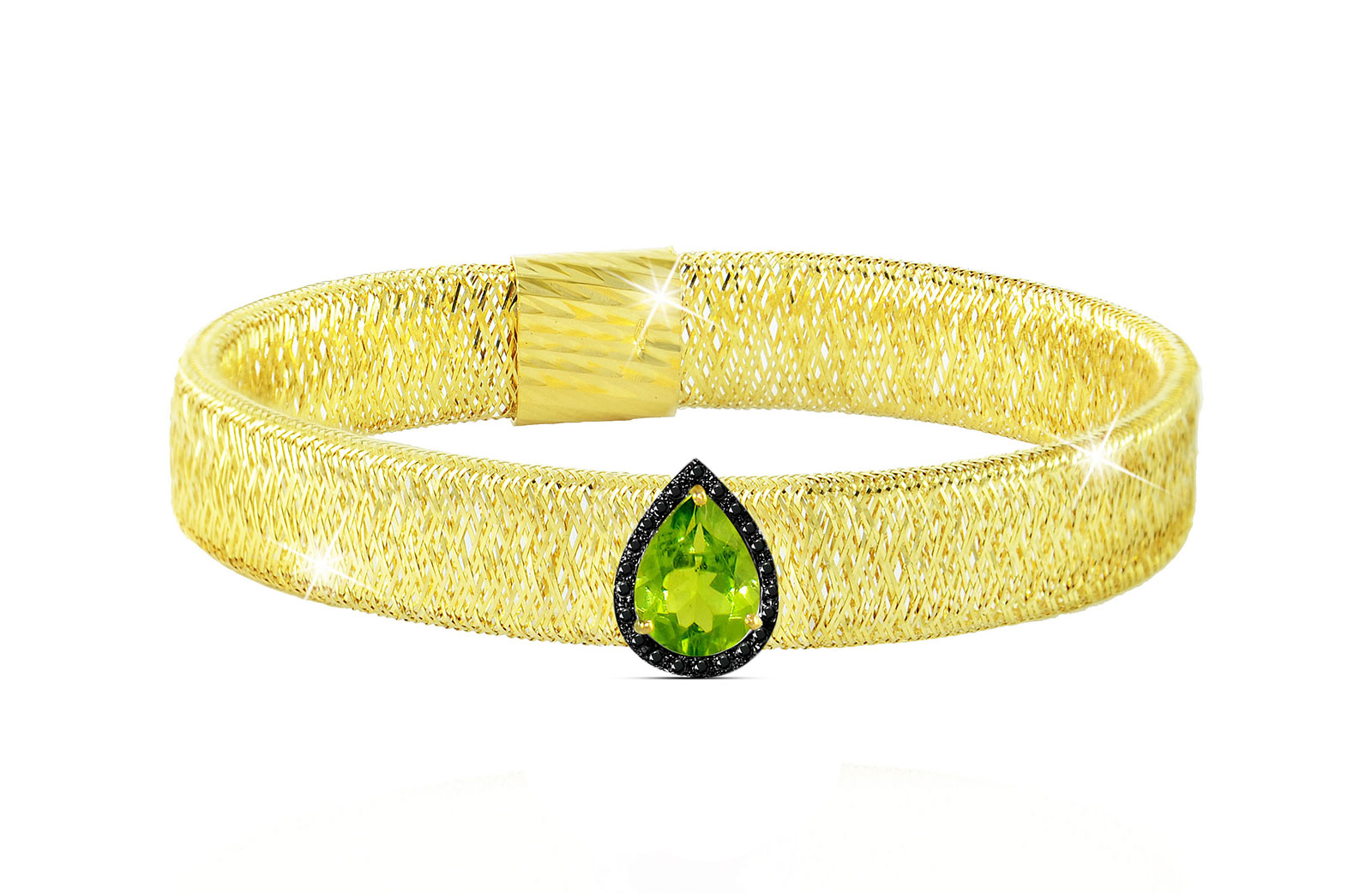 Vera Perla 18K Gold 0.12ct Black Diamonds, Peridot Mesh Bracelet